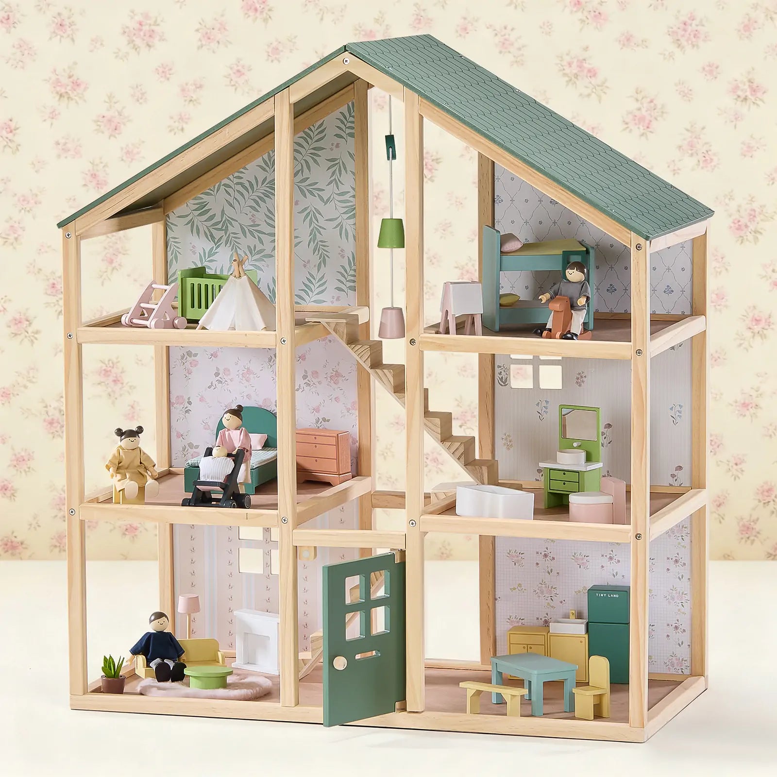 a very beautiful sage dollhouse and a wooden doll family bundle