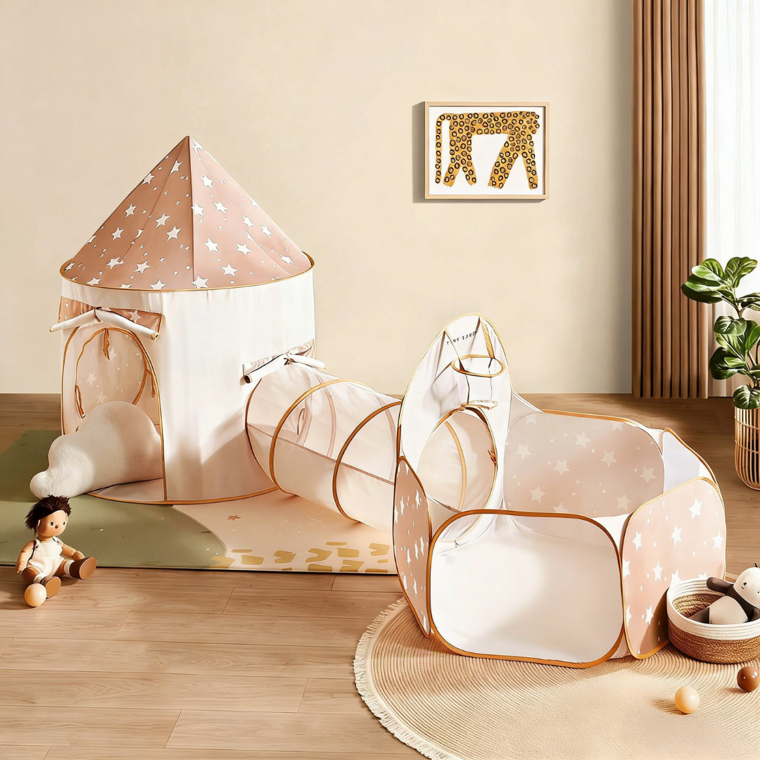The Tiny Land® Compact Adventure 3-in-1 Play Tunnel sits on a wooden floor surrounded by toys, a plush doll, and soft balls, while a giraffe print decorates the wall. Note: Balls are not included with this Tiny Land product.|brown