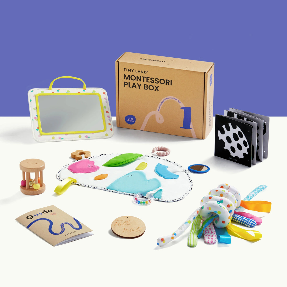 The Tiny Land® Montessori Toys for Newborns (0–3 Months) set includes a wooden rattle, baby mirror, tummy time mat, sensory toy, black-and-white soft book, wooden keepsake, and guide booklet—displayed on white with a purple background.