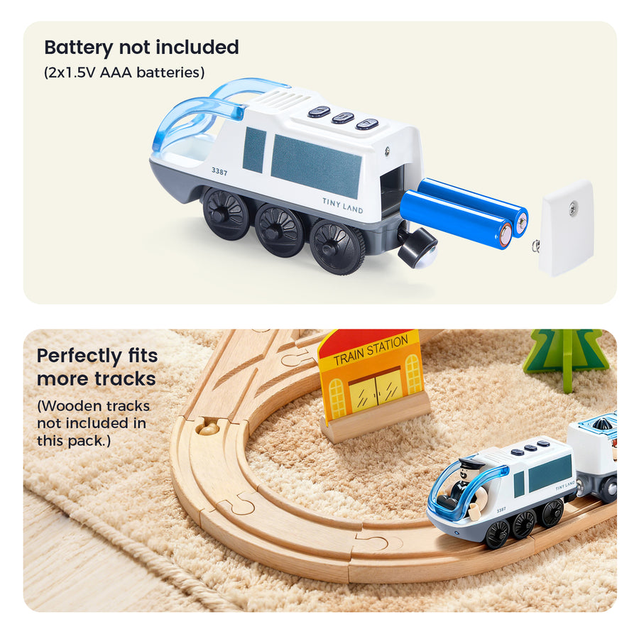 Top: The Tiny Land® Dual-Color Electric Toy Train by Tiny Land has an open battery compartment with two AAA batteries. Bottom: The train, featuring LED headlights, runs on wooden tracks near a yellow station to show compatibility.|White