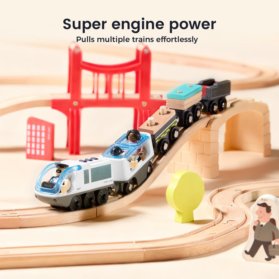 The Tiny Land® Dual-Color Electric Toy Train features LED headlights, colorful connected cars, and a wooden bridge. With super engine power to pull multiple trains, it includes toy figures and scenery pieces for interactive play.|White