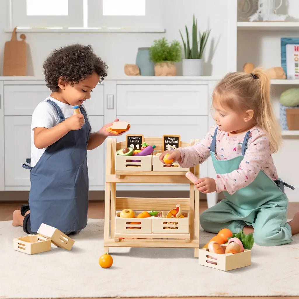 Two kids in aprons play with the Tiny Land® Play Kitchen Accessories – a versatile wooden rack for play food, organizing pretend fruits and veggies for imaginative fun and tidy kids room storage.