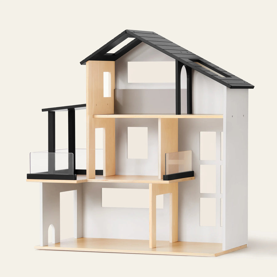 The Tiny Land® Sweetwood Edge Dollhouse by Tiny Land features a modern design with black and natural wood accents, multiple rooms, large windows, a slanted roof, and a left-side balcony—ideal for miniature family play.