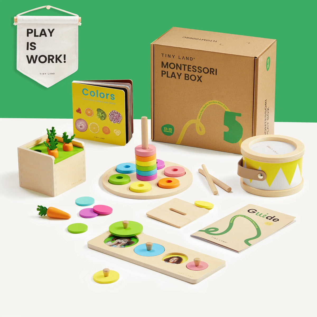 Tiny Land® Montessori Toys for Toddlers (13–15 Months) by Tiny Land features wooden toys, a color book, drum, stacking rings, veggie garden, and activity cards. A PLAY IS WORK! banner hangs above this educational set on a white and green background.