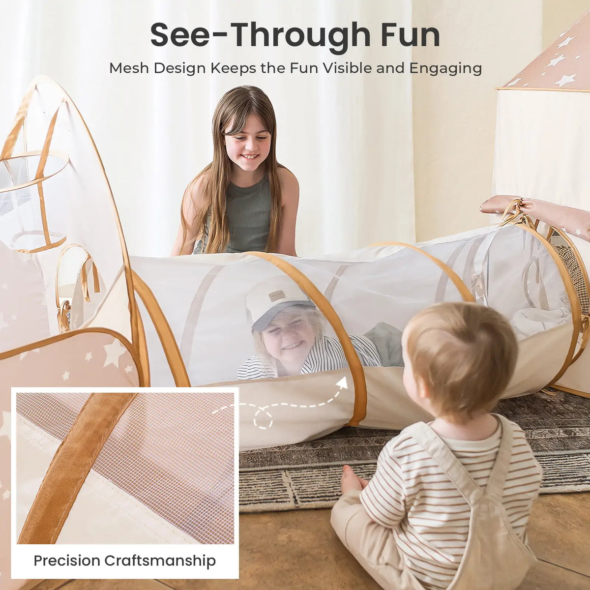 A young girl smiles as two toddlers play with the Tiny Land® Discovery 5-in-1 Play Tunnel & Ocean Ball Set. The mesh design keeps play visible and fun, while Tiny Land’s precision craftsmanship ensures quality and engagement.