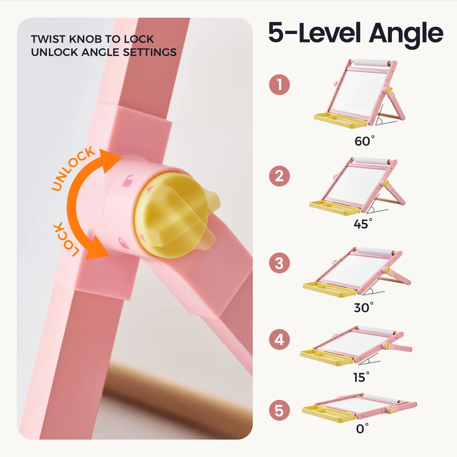 Close-up of the Tiny Land® Double-Sided Magnetic Tabletop Easel in pink, featuring an easy-to-use twist knob to lock in five different tilt angles: 60°, 45°, 30°, 15°, and 0°. The diagram displays each adjustable position, making this Tiny Land easel perfect for kids’ art projects or as a magnetic whiteboard for creative play.|Pink