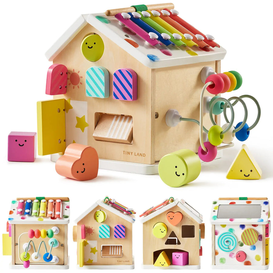 The Tiny Land Rainbow Baby Walker & Activity Cube Developmental Playset features colorful shapes, encourages Montessori-inspired play, and helps develop fine motor skills.