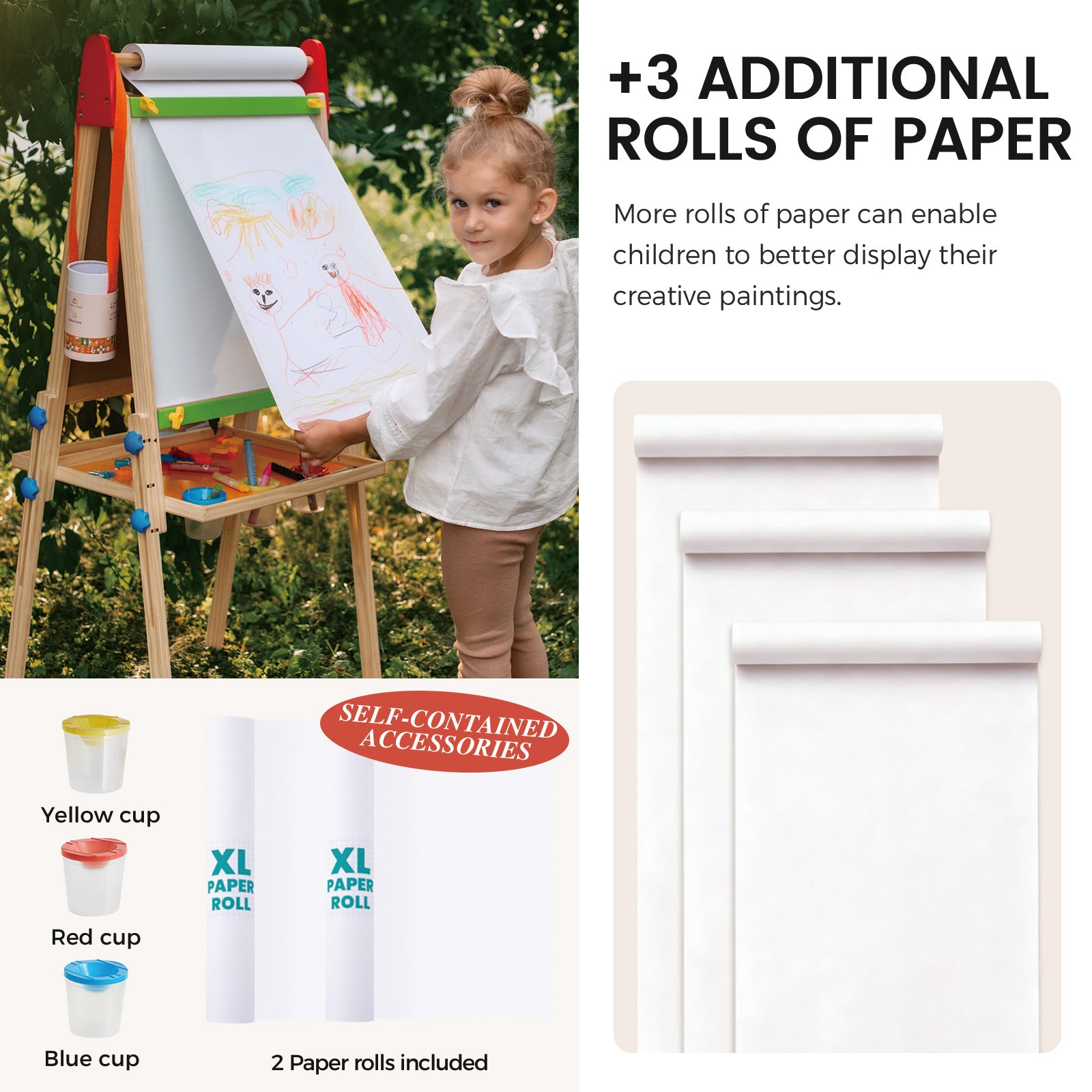 A young girl uses the Tiny Land® 3-in-1 Art Easel & Paper Roll Set by Tiny Land, featuring a paper roll, three extra rolls, and yellow, red, and blue cups—perfect accessories for creative kids.