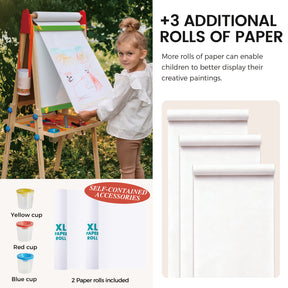 A young girl uses the Tiny Land® 3-in-1 Art Easel & Paper Roll Set by Tiny Land, featuring a paper roll, three extra rolls, and yellow, red, and blue cups—perfect accessories for creative kids.