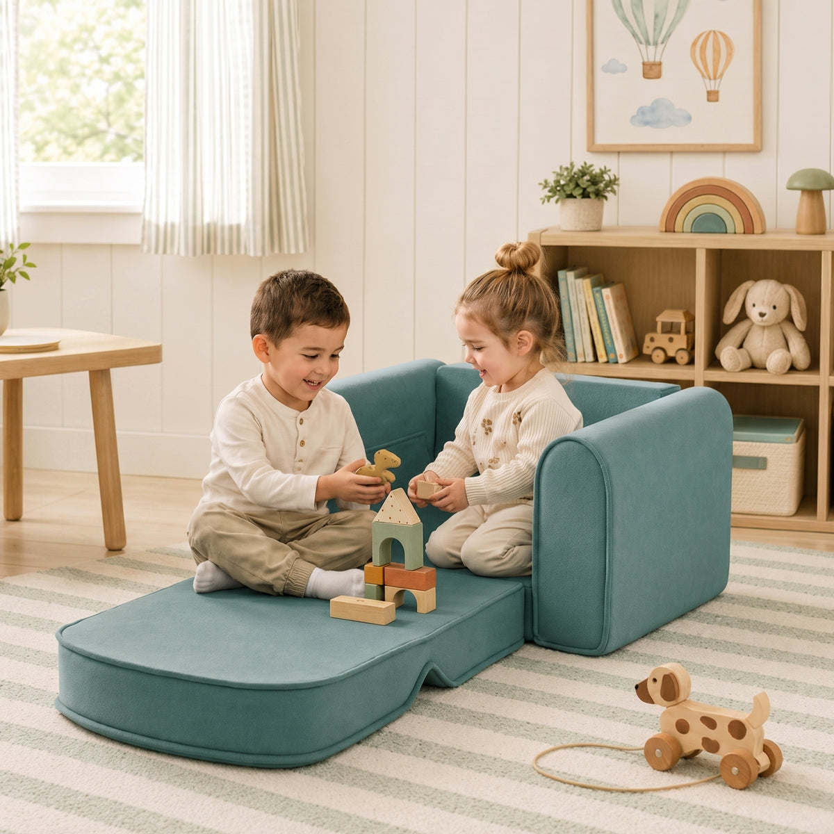 Two young children sit on the Tiny Land® GentleSnug Kids Sofa Chair by Tiny Land, playing with wooden blocks and toys in a cozy, sunny playroom decorated with balloons and stuffed animals.
