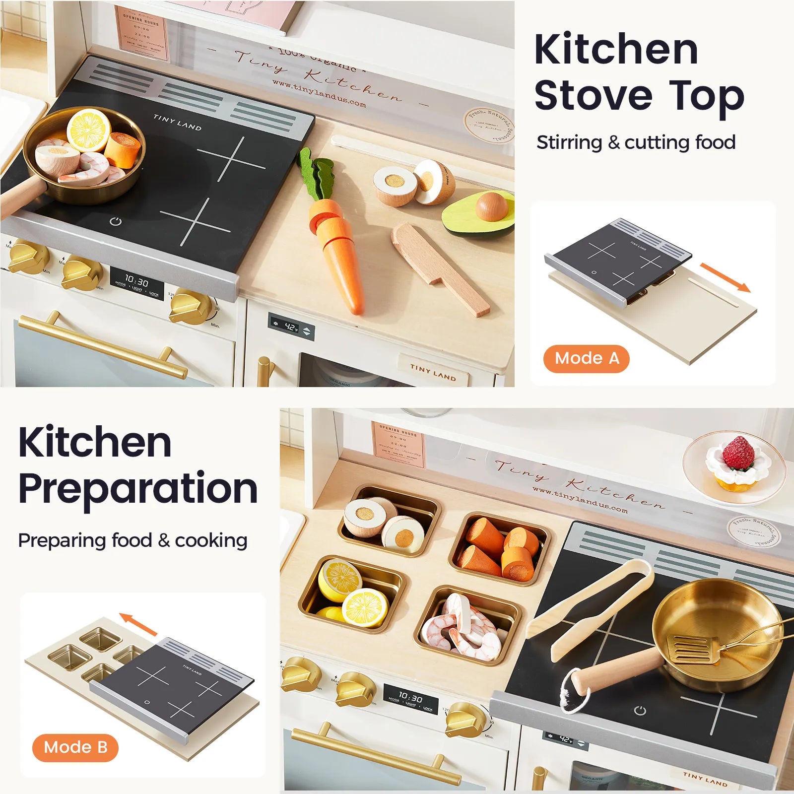 The Tiny Land® BistroSwitch Play Kitchen by Tiny Land features a wooden stovetop, chopping board, toy veggies, utensils, and storage bins. Insets show stirring (Mode A) and cutting (Mode B) pretend play modes for creative kitchen fun.|White