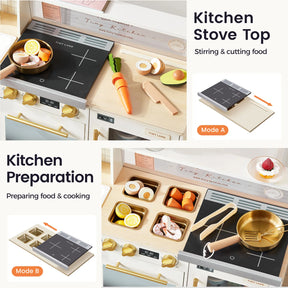 The Tiny Land® BistroSwitch Play Kitchen by Tiny Land features a wooden stovetop, chopping board, toy veggies, utensils, and storage bins. Insets show stirring (Mode A) and cutting (Mode B) pretend play modes for creative kitchen fun.|White
