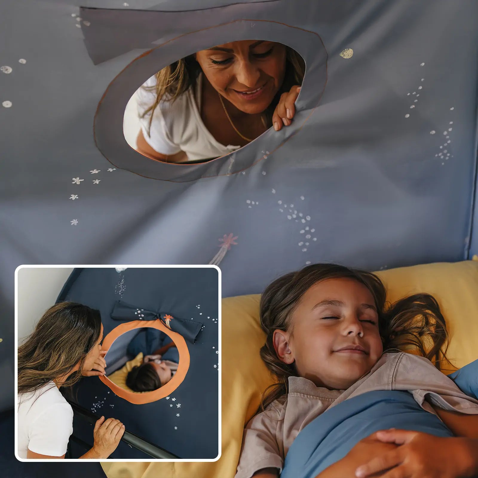 A woman smiles through a round window of the dark blue Tiny Land® Kids Bed Tent as a girl sleeps inside on a yellow pillow; an inset shows the woman gently touching the girl’s hair through the tent window.|SPACENEST