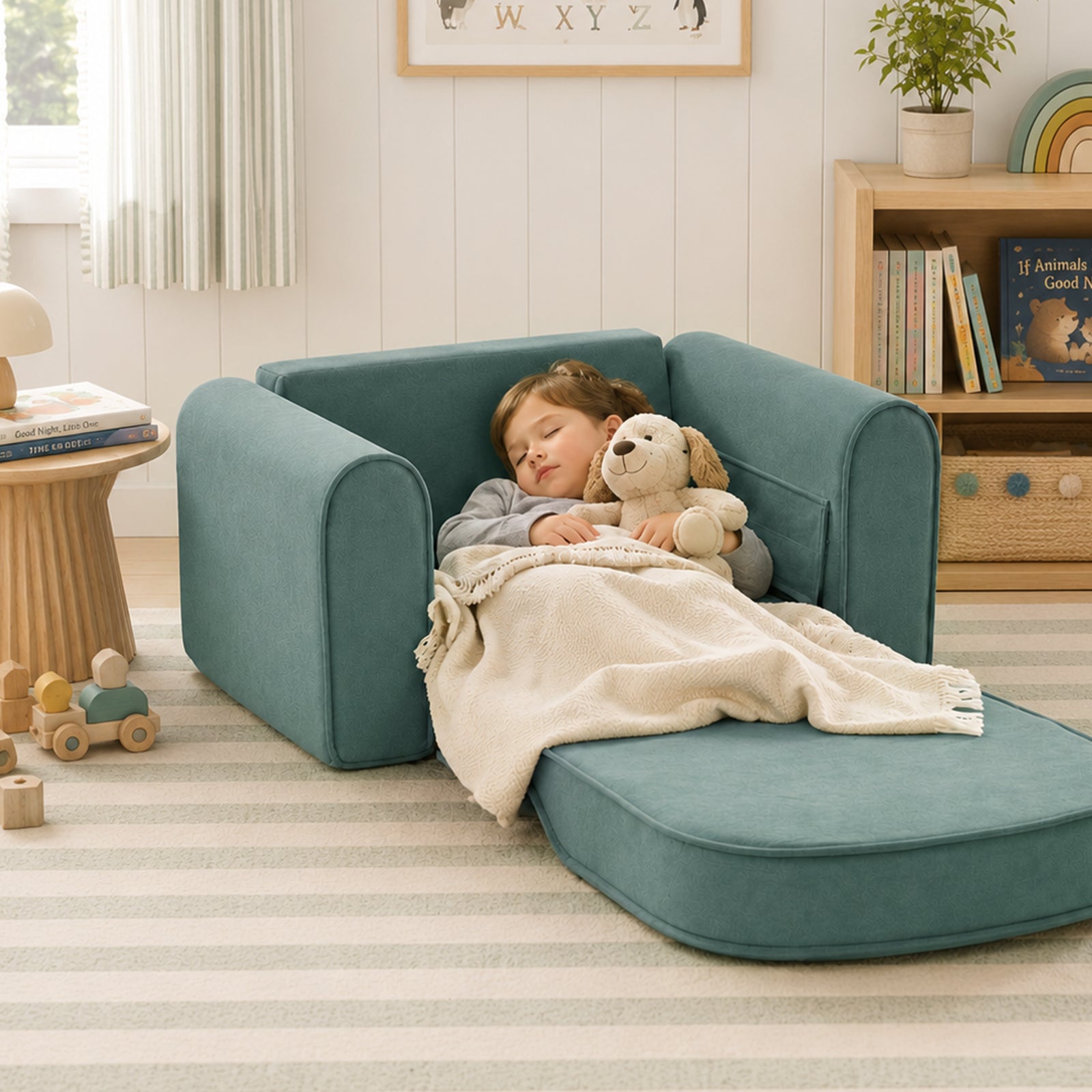 A young child naps on the Tiny Land® GentleSnug Kids Sofa Chair, hugging a stuffed dog and wrapped in a beige blanket in a softly-lit playroom with toys and books on shelves.