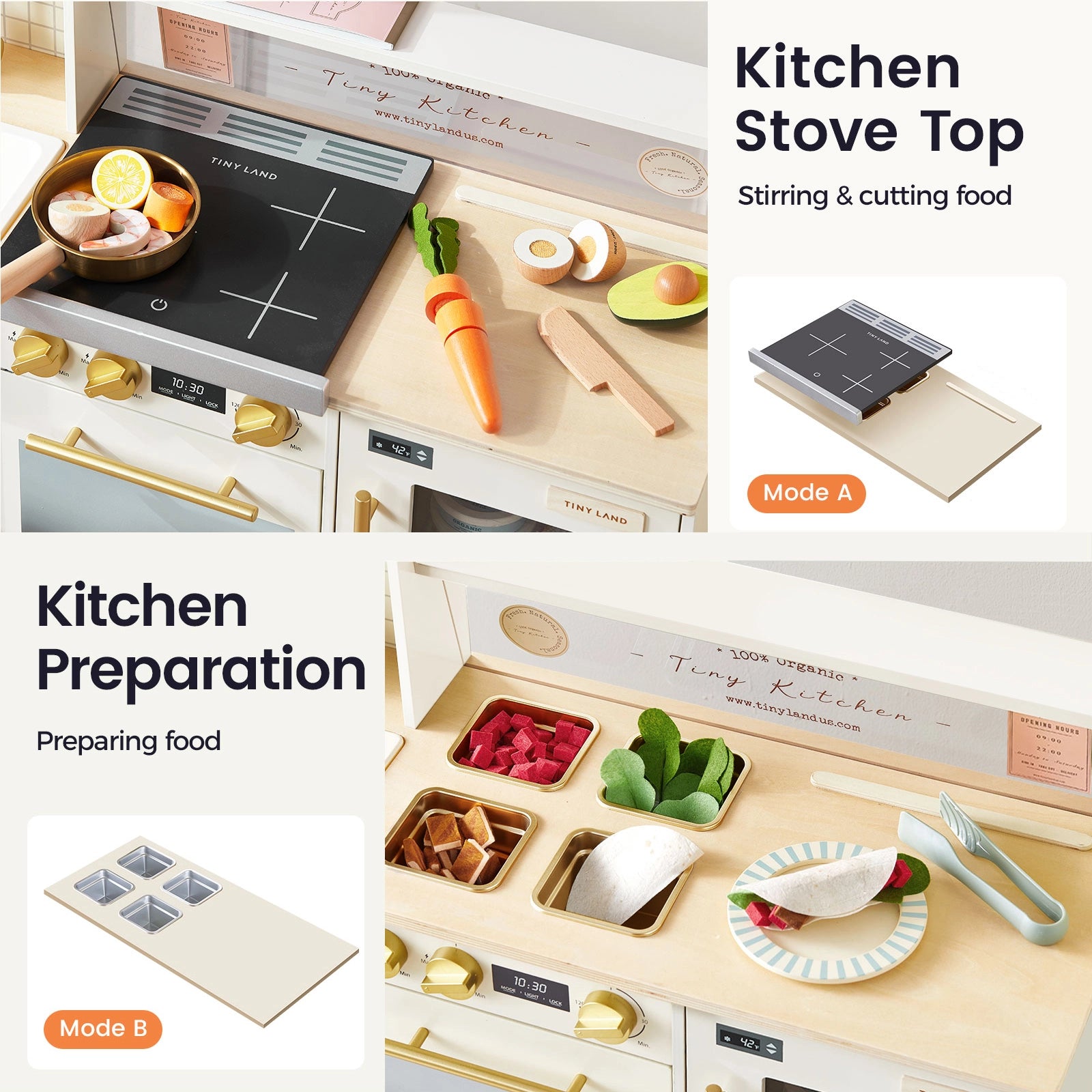 The Tiny Land® BistroSwitch Play Kitchen by Tiny Land includes a stovetop, utensils, toy vegetables, and ingredients. Labels indicate Kitchen Stove Top (Mode A) for stirring/cutting food and Kitchen Preparation (Mode B) for food prep.|Cream