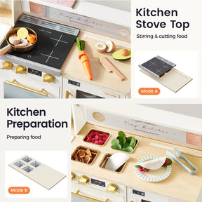The Tiny Land® BistroSwitch Play Kitchen by Tiny Land includes a stovetop, utensils, toy vegetables, and ingredients. Labels indicate Kitchen Stove Top (Mode A) for stirring/cutting food and Kitchen Preparation (Mode B) for food prep.|Cream