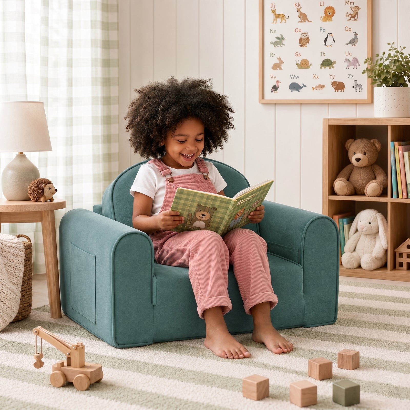 A young girl with curly hair sits barefoot in the Tiny Land® GentleSnug Kids Sofa Chair, smiling as she reads a book in a cozy, well-lit playroom decorated with toys, books, and animal-themed accents.