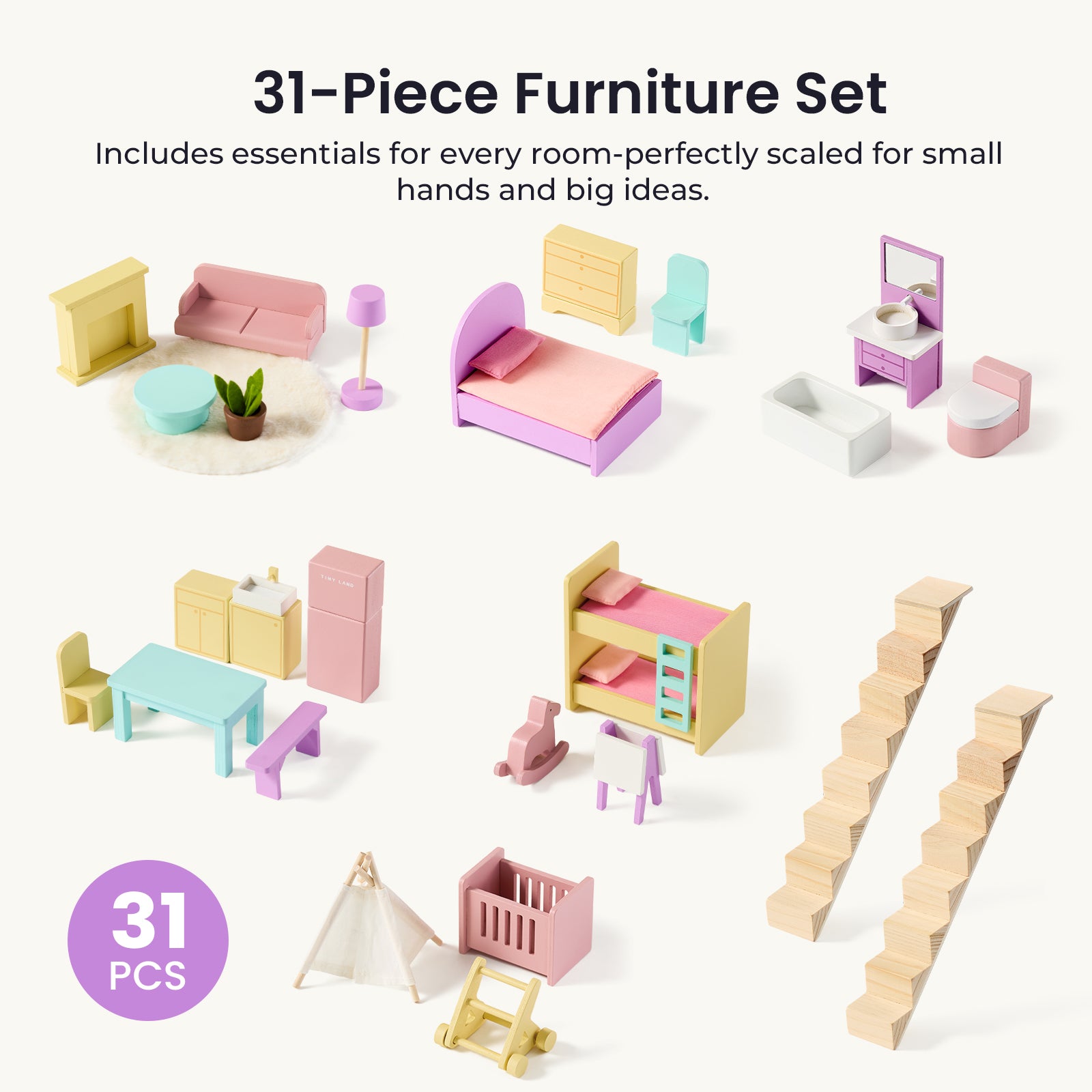 The Tiny Land® Sweetwood Dollhouse without Dolls includes a 31 PCS pastel wooden furniture set—bed, sofa, table, desk, crib, stairs & more—perfect for girls’ dollhouses or children’s playrooms. Highlighting product features by Tiny Land.|Unicorn