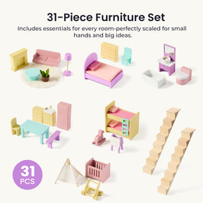 The Tiny Land® Sweetwood Dollhouse without Dolls includes a 31 PCS pastel wooden furniture set—bed, sofa, table, desk, crib, stairs & more—perfect for girls’ dollhouses or children’s playrooms. Highlighting product features by Tiny Land.|Unicorn