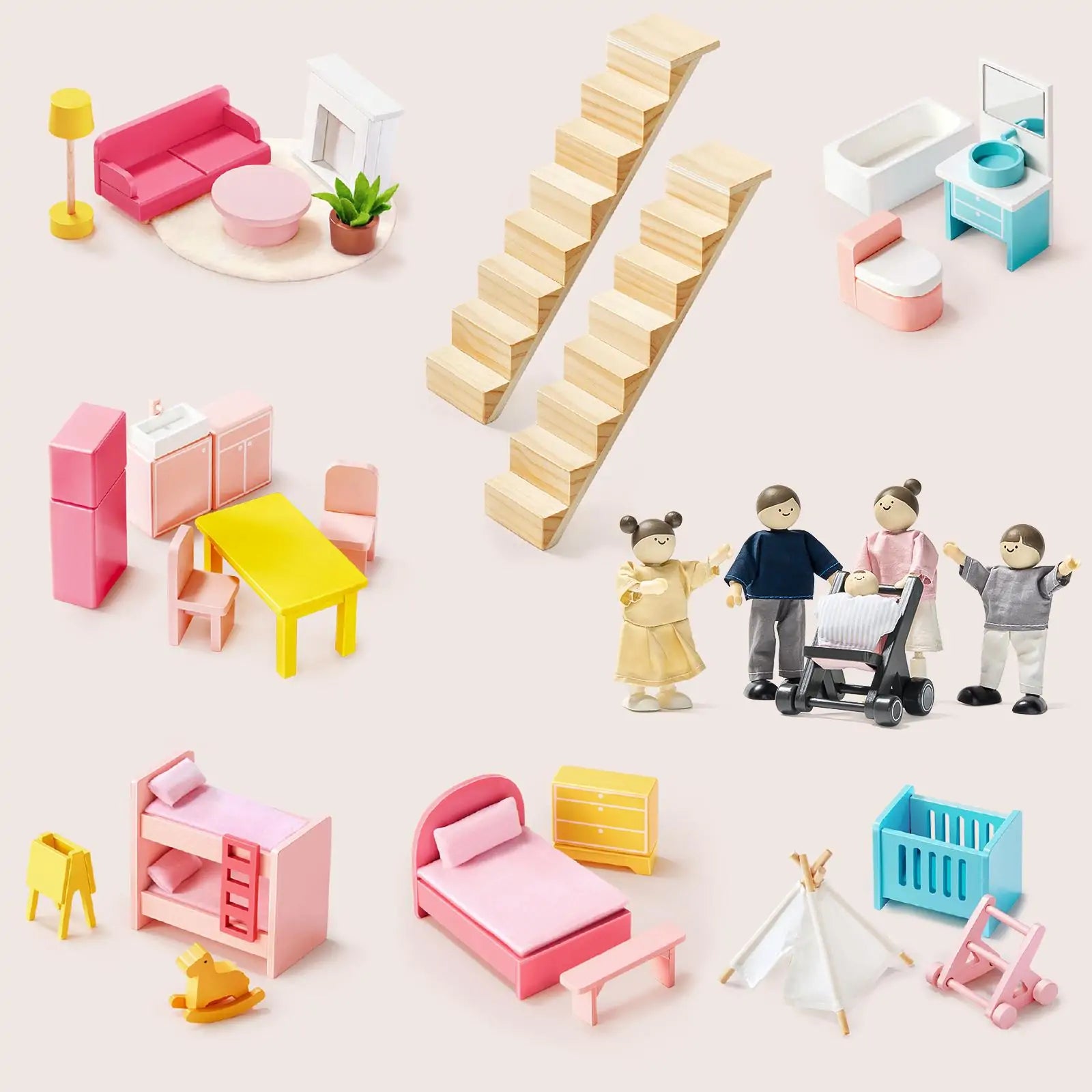 The Tiny Land® Sweetwood Love Dollhouse & Wooden Dollhouse Dolls set by Tiny Land features colorful wooden furniture for each room, a tent, crib, stairs, and three adult dolls with a child in a stroller—all on a light background.