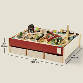 The Tiny Land® 1920 Railway Adventure Train Table by Target features tracks, trains, buildings, and trees for a 1920s city feel. Three storage drawers keep pieces tidy. Measures 11.6" H x 47.9" W x 35.2" D (29.5 x 121.6 x 89.5 cm).