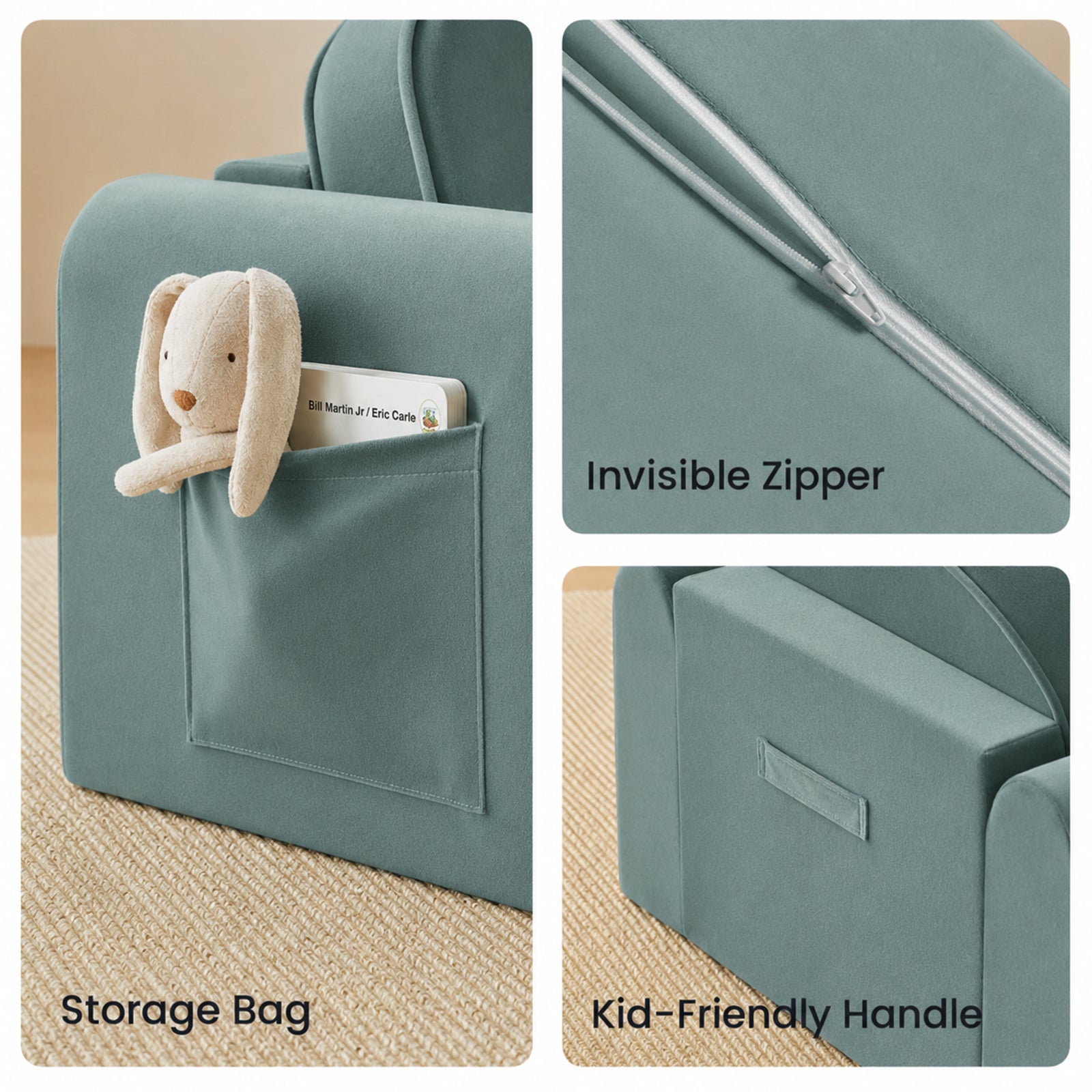 Three images showcase the Tiny Land® GentleSnug Kids Sofa Chair: a side pocket with toys, a close-up of the invisible zipper, and a back fabric handle for easy moving. Each cozy feature is labeled for this Tiny Land nursery chair.