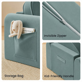 Three images showcase the Tiny Land® GentleSnug Kids Sofa Chair: a side pocket with toys, a close-up of the invisible zipper, and a back fabric handle for easy moving. Each cozy feature is labeled for this Tiny Land nursery chair.