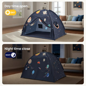 Two images of the Tiny Land® Kids Bed Tent by Tiny Land set up in a living room. Top: tent doors open during the day (“Day time open”). Bottom: tent closed at night (“Night time close”). Space-themed design shown.|SPACENEST
