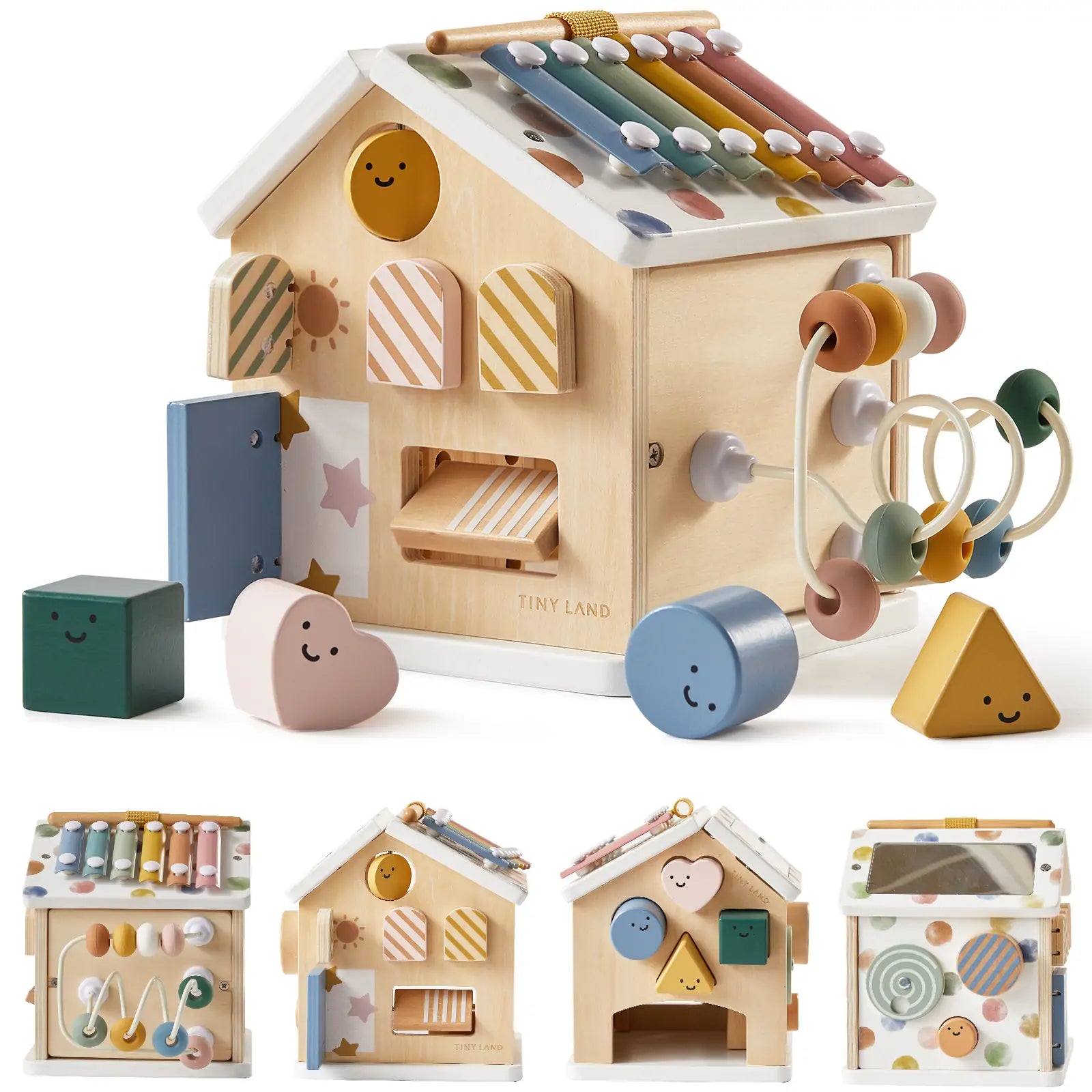 The Tiny Land Cozy Learning Playset includes a playmat and a house-shaped activity cube with a xylophone roof, bead maze, shape sorter, gears, and colorful blocks. Four images show its interactive features from different angles.