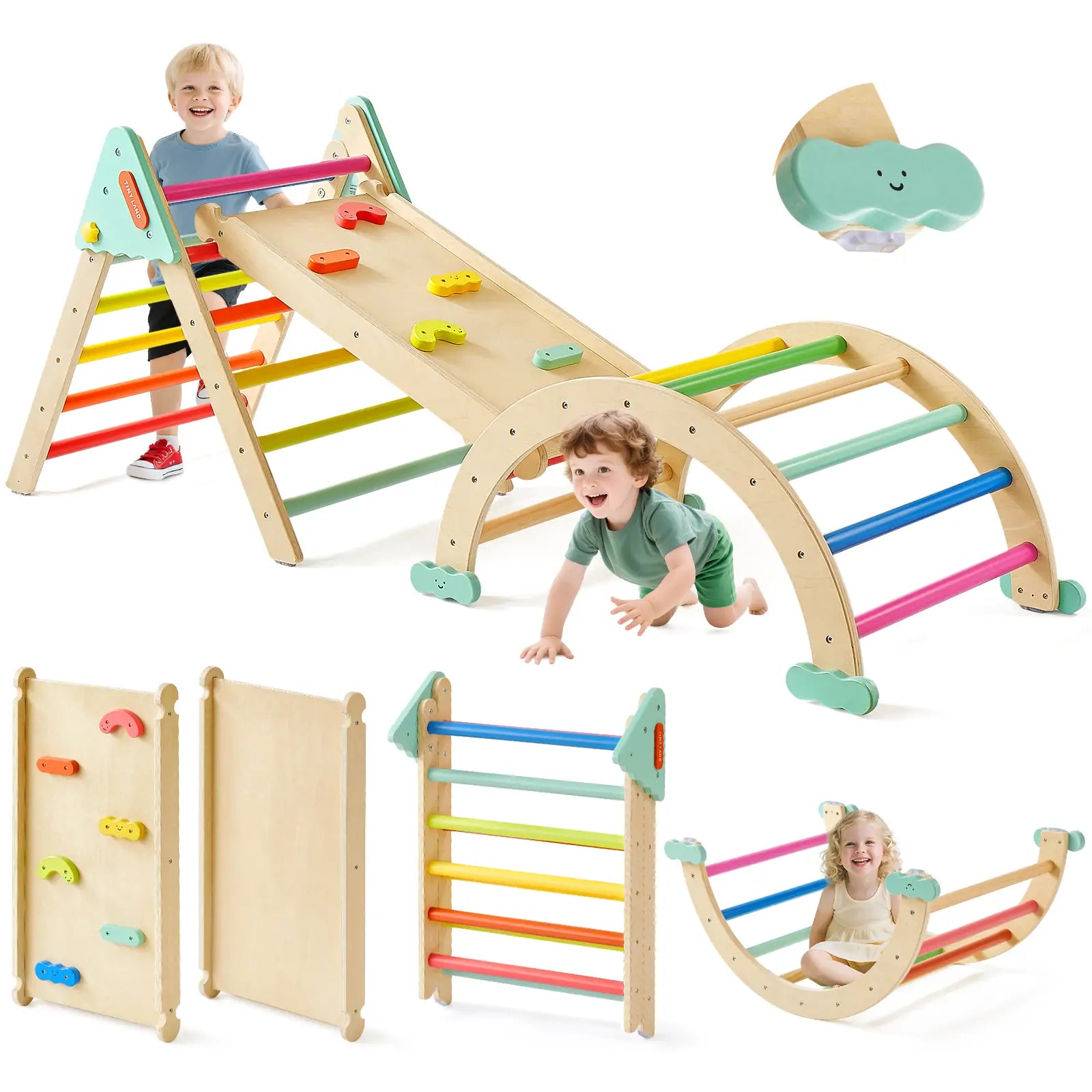 Two young children play on the Tiny Land® 7-in-1 Rainbow Pikler Triangle Set by Tiny Land, which includes a Pikler triangle, slide, climbing wall, arch, reversible ramp with rainbow bars, and a soft green cushion for comfort.|rainbow color