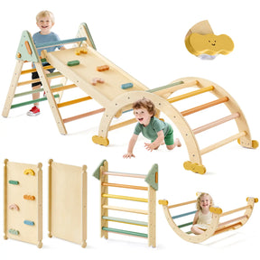 The Tiny Land® 7-in-1 Morandi Pikler Triangle Set by Tiny Land is a wooden indoor playset featuring a slide, climbing arch, activity boards, reversible ramp, and pastel accents. Kids can climb, slide, crawl, and rock on the smooth-edged Montessori set.|rainbow color