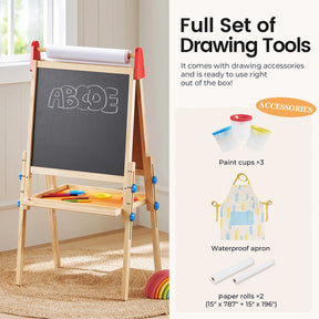 The Tiny Land® 3-in-1 Art Easel for Kids by Tiny Land features an adjustable height easel with a chalkboard displaying ABCDE, a magnetic whiteboard, a paper roll, paint cups, a waterproof apron, and extra paper rolls. This kids’ art easel comes as a full set of drawing tools with all essential drawing accessories included.|red
