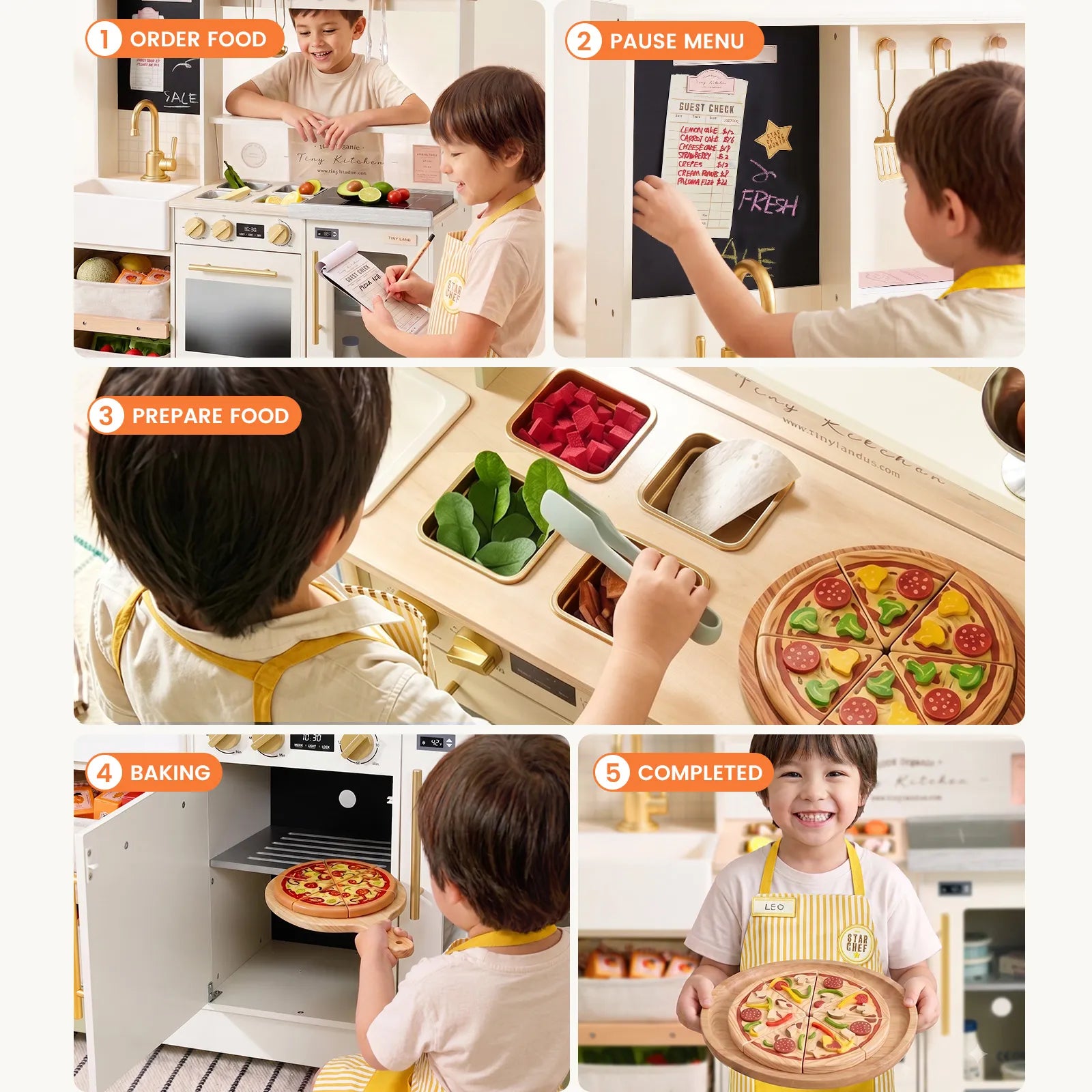 Children play with the Tiny Land® BistroSwitch Play Kitchen, pretending to order, prepare, bake, and serve a wooden pizza by following numbered steps. One child beams with pride while holding the finished pizza.|Cream