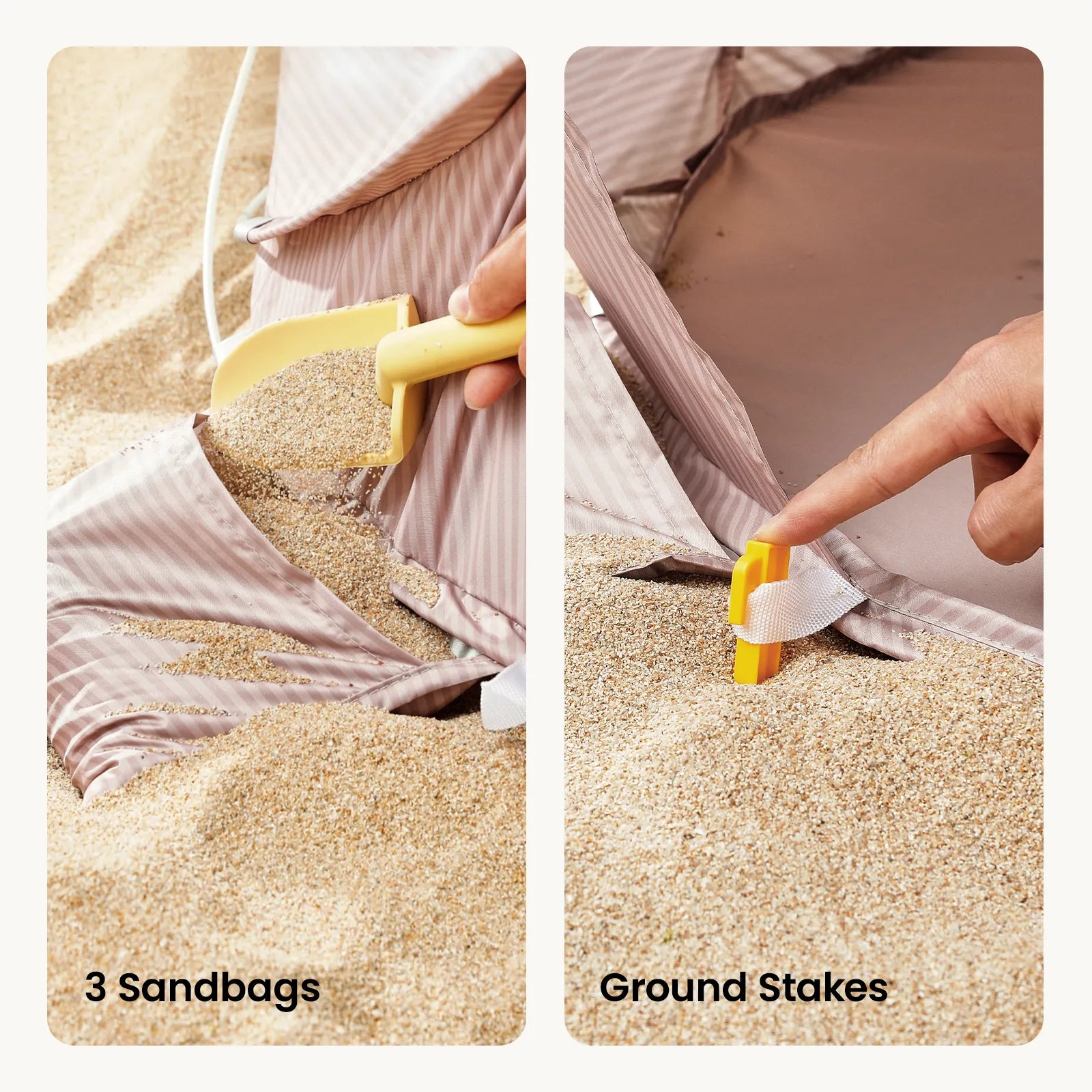 Close-up of the Tiny Land® 3-in-1 Baby Beach Tent: left shows sand filling one of 3 built-in sandbags, right shows a hand securing a yellow ground stake through a fabric loop in the sand. Labels: 3 Sandbags & Ground Stakes by Tiny Land.