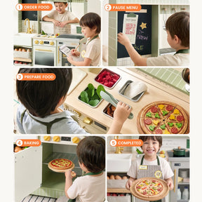 A series of five images show a boy using the Tiny Land® BistroSwitch Play Kitchen by Tiny Land: ordering food, writing a menu, preparing toy vegetables and pizza, baking it in the play oven, and presenting the finished pizza.|Green