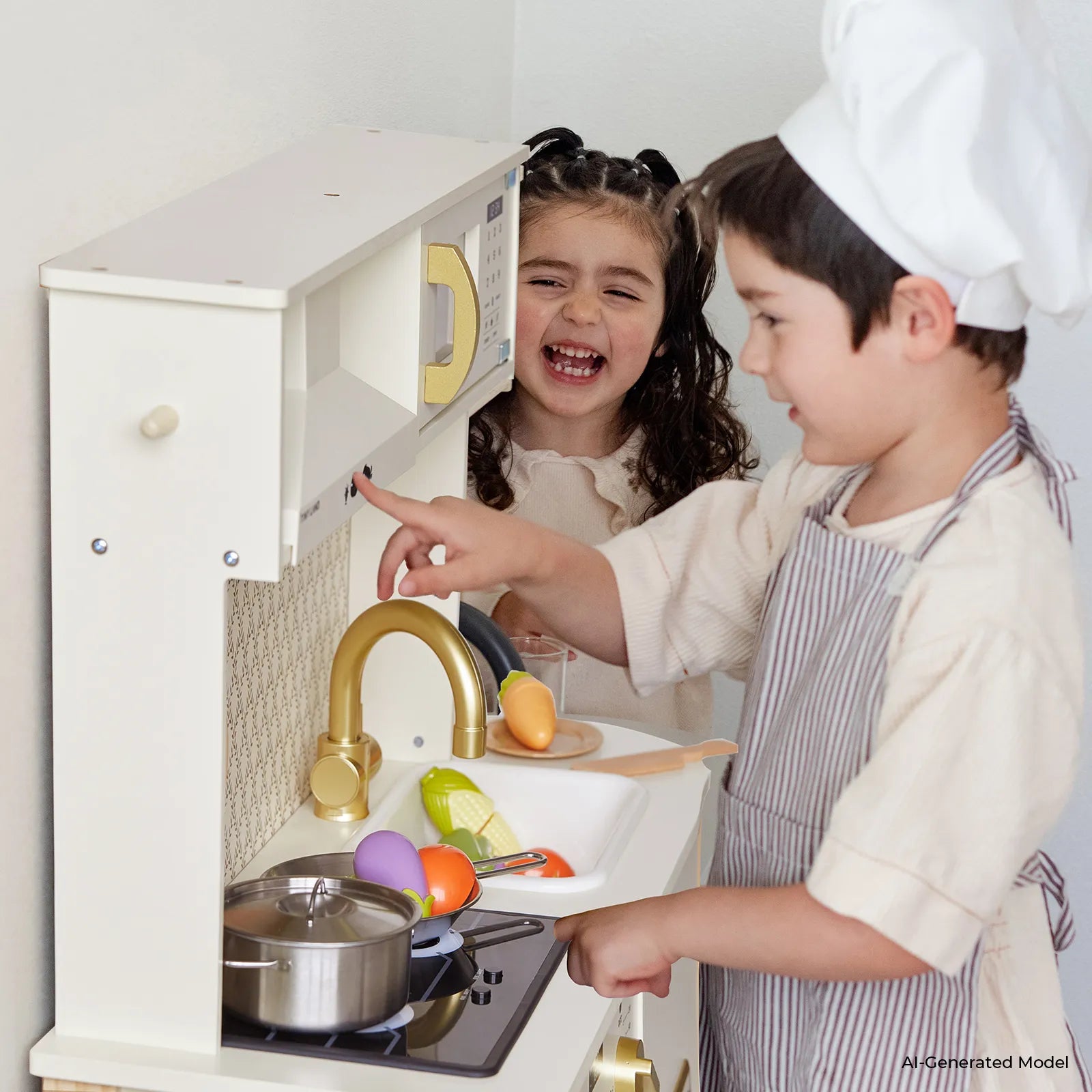 Two young children engage in imaginative play with the Tiny Land® PopJoy Play Kitchen by Tiny Land. One child, dressed in a chef hat and apron, presses a button on the wooden kitchen while the other smiles joyfully. Toy vegetables and a pot rest on the stove.