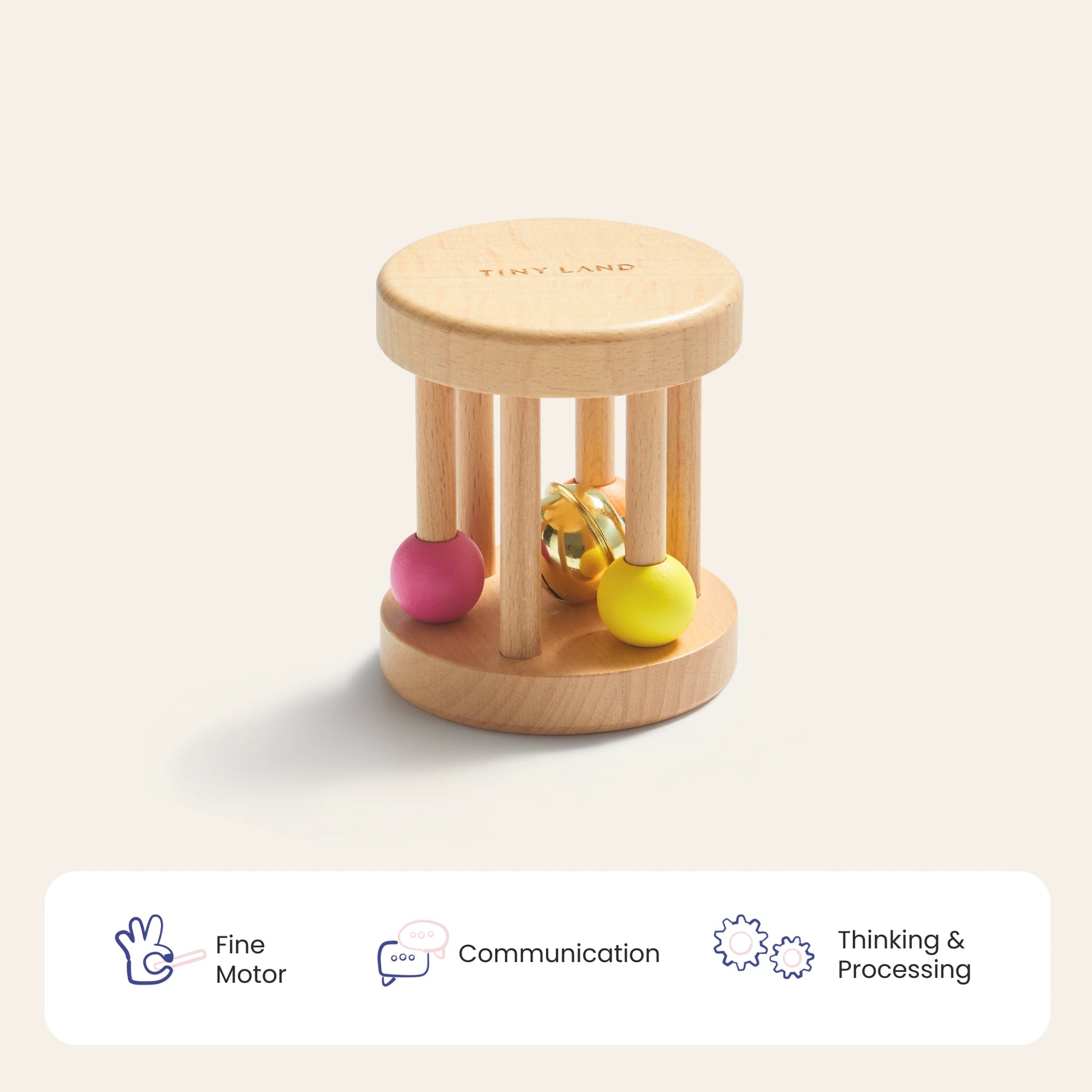 The Tiny Land® Montessori Toys for Newborns (0–3 Months) features a wooden rattle with vertical rods, a yellow and pink ball, and a small bell—ideal for sensory play. Icons below show Fine Motor, Communication, and Thinking & Processing.
