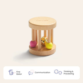 The Tiny Land® Montessori Toys for Newborns (0–3 Months) features a wooden rattle with vertical rods, a yellow and pink ball, and a small bell—ideal for sensory play. Icons below show Fine Motor, Communication, and Thinking & Processing.