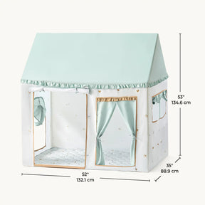 The Tiny Land Nature-inspired Play & Art Set features a sage easel and a mint green-and-white Forest Play House tent with windows, curtains, gold trim, and measures 53"H x 52"W x 35"D for creative and charming play.|green