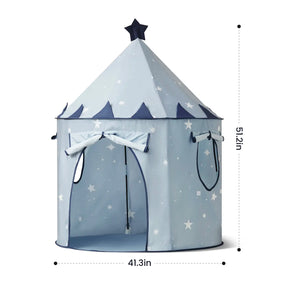 The Tiny Land® Kids Tent by Tiny Land is a light blue indoor tent with white stars, a pointed roof topped with a dark blue star, arched curtained doorways, round windows, and measures 51.2" tall x 41.3" wide. Perfect playhouse for toddlers!.|Blue