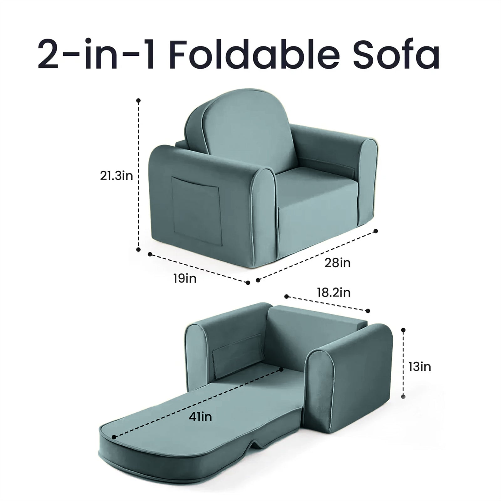 The Tiny Land® GentleSnug Kids Sofa Chair by Tiny Land is shown in blue as an armchair (21.3"H x 28"W x 19"D) and as a lounger (13"H x 41"L x 18.2"W), highlighting its versatile 2-in-1 foldable design for kids.