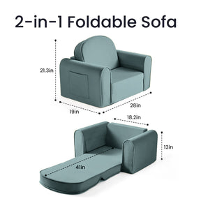 The Tiny Land® GentleSnug Kids Sofa Chair by Tiny Land is shown in blue as an armchair (21.3"H x 28"W x 19"D) and as a lounger (13"H x 41"L x 18.2"W), highlighting its versatile 2-in-1 foldable design for kids.