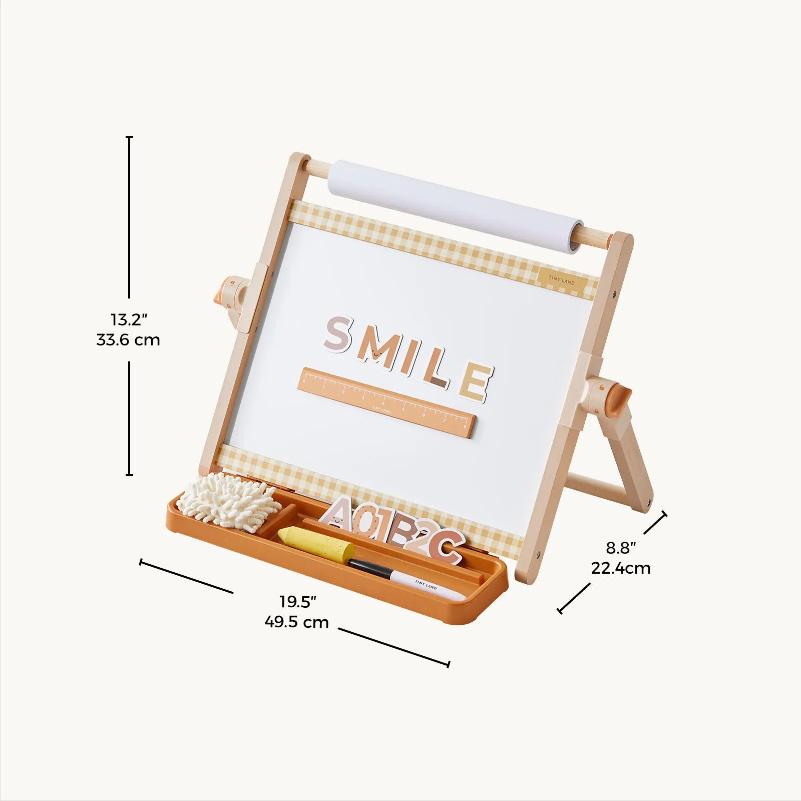 The Tiny Land® Double-Sided Magnetic Tabletop Easel by Tiny Land is a versatile art station featuring an adjustable design with a magnetic whiteboard, built-in ruler, and organizer tray for markers, letters, and an eraser. Measuring 13.2 inches tall, 19.5 inches wide, and 8.8 inches deep, the board displays the word "SMILE.|Oatmeal