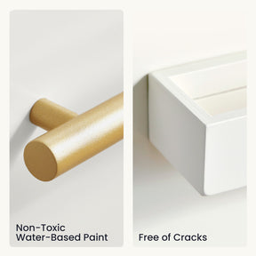 Close-up split image: left side displays a gold cylindrical rod from the Tiny Land® Iconic Water Play Kitchen by Tiny Land INC, labeled Non-Toxic Water-Based Paint—ideal for safe pretend play; right side features the corner of the Premium Wooden Refrigerator, also from Tiny Land INC, labeled Free of Cracks. Both images highlight the brand’s commitment to product quality and safety.