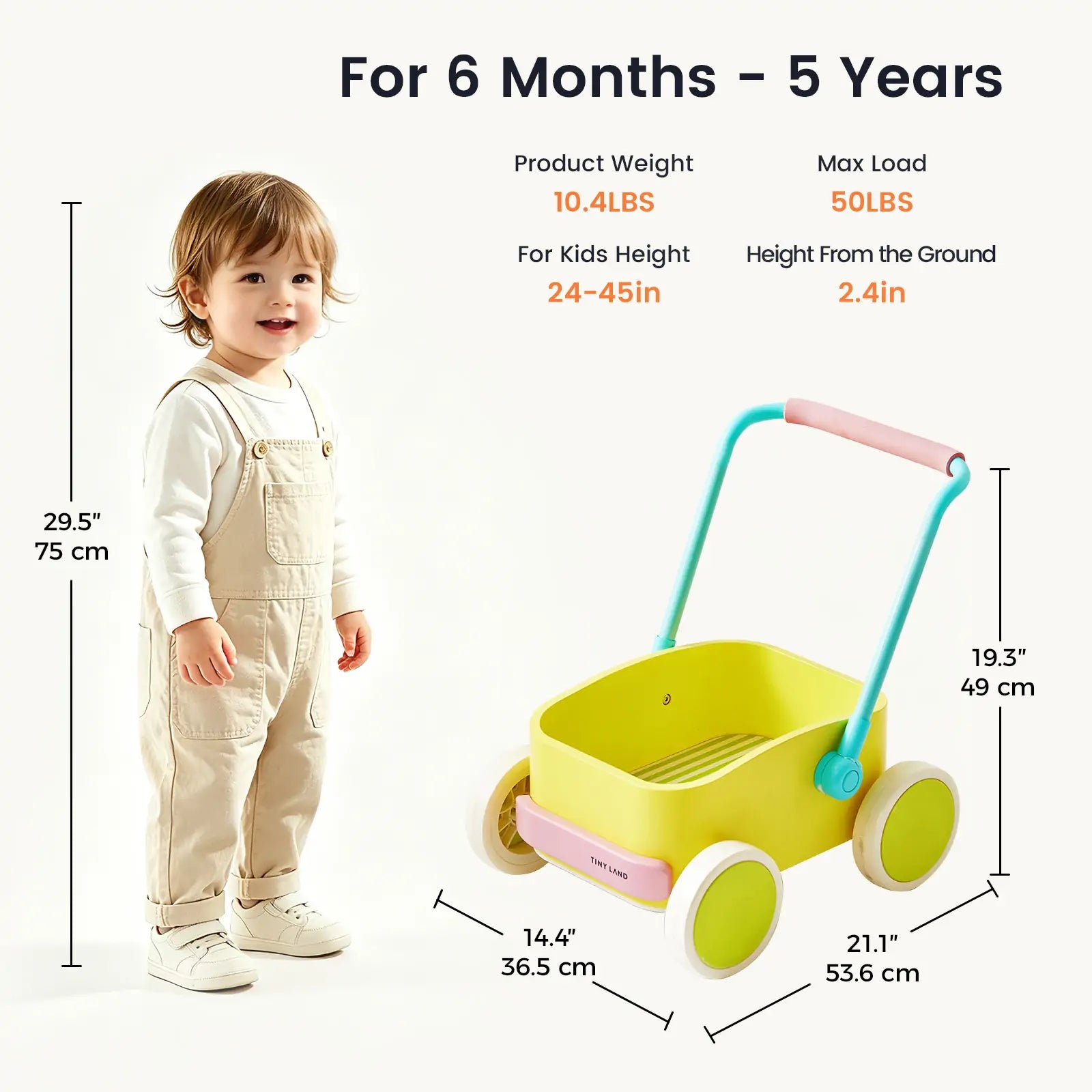 A toddler stands beside the Tiny Land® 3-in-1 Wooden Baby Walker Wagon - Spring Color by Tiny Land, featuring a yellow body, pink and blue handle, adjustable speed control, and labels showing dimensions, weight, and age range (6 months–5 years).