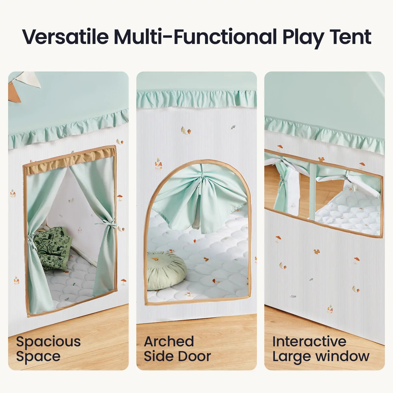 Three panels highlight features of the Tiny Land Nature-inspired Play & Art Set: a roomy Forest Play House with arched curtained door, divided-pane window, and pastel patterned decor—plus a Sage Easel for creative fun.|green