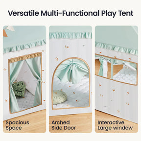 Three panels highlight features of the Tiny Land Nature-inspired Play & Art Set: a roomy Forest Play House with arched curtained door, divided-pane window, and pastel patterned decor—plus a Sage Easel for creative fun.|green