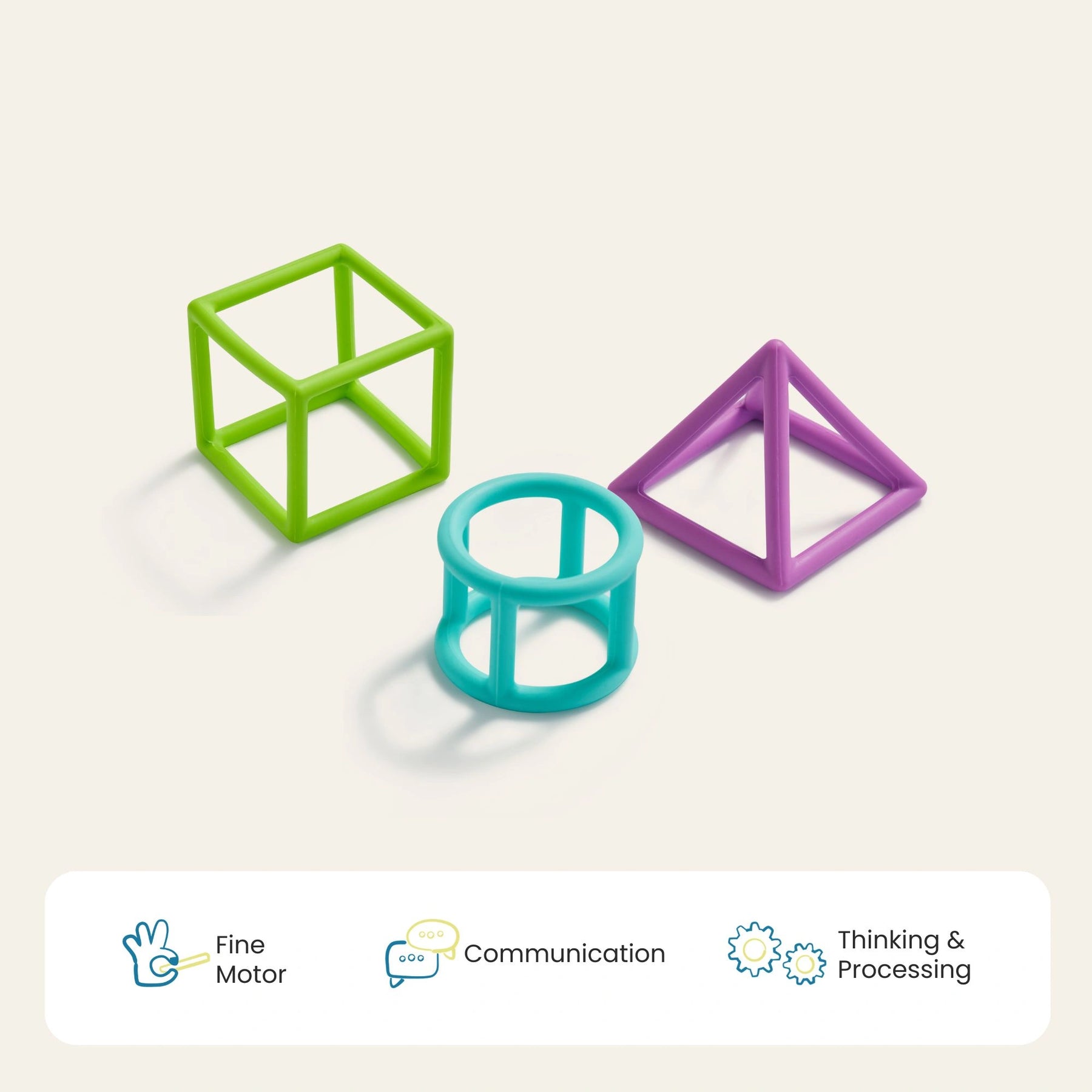 Tiny Land® Montessori Toys for Newborns (4–6 Months) by Tiny Land displays a green cube, blue cylinder, and purple pyramid on a light background. Icons below show fine motor skills benefits, making this set ideal for early play.
