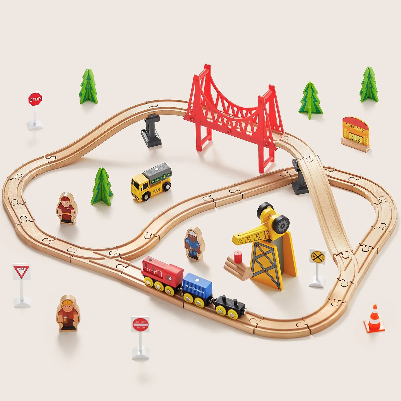 Tiny Land® Wooden Track Trains by Target includes tracks, a red bridge, train cars, and accessories. This educational toy is compatible with major brands for creative play on a light background.|55 Pcs