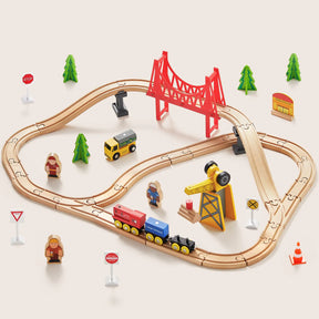 Tiny Land® Wooden Track Trains by Target includes tracks, a red bridge, train cars, and accessories. This educational toy is compatible with major brands for creative play on a light background.|55 Pcs